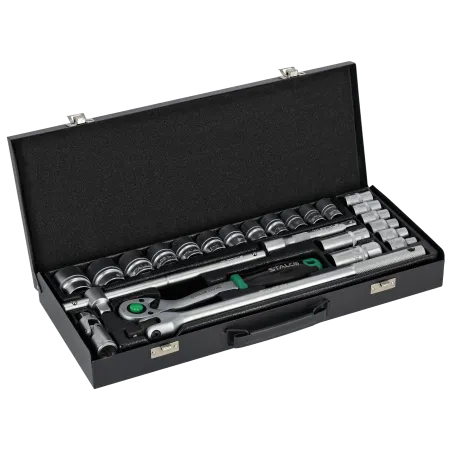 Sada nástrčných kľúčov - 1/2” 25 ks, kovový box, račňa 90T