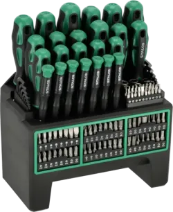 Súprava skrutkovačov a bitov 114 ks CrV STALCO so stojanom